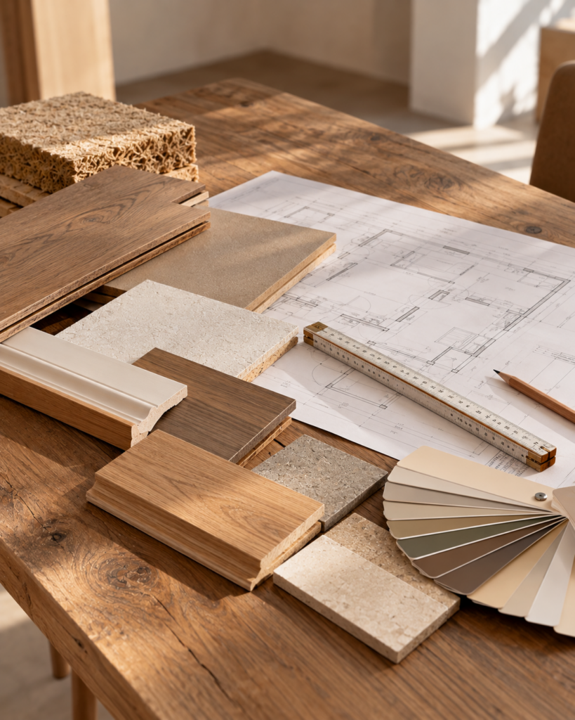 Baupläne, Zollstock und verschiedene Holz-, Baustoff- und Farbmuster auf einem Tisch zur individuellen Bauplanung