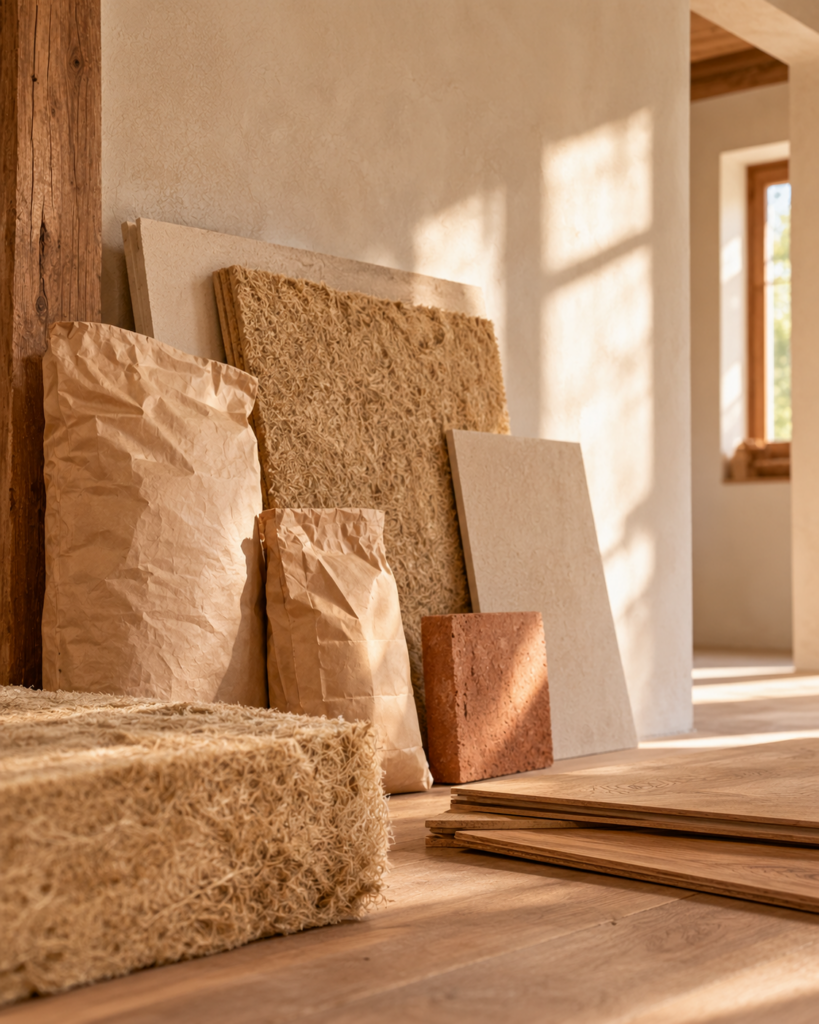 Auswahl ökologischer Baustoffe mit natürlichen Dämmmaterialien, Bauplatten und Materialmustern