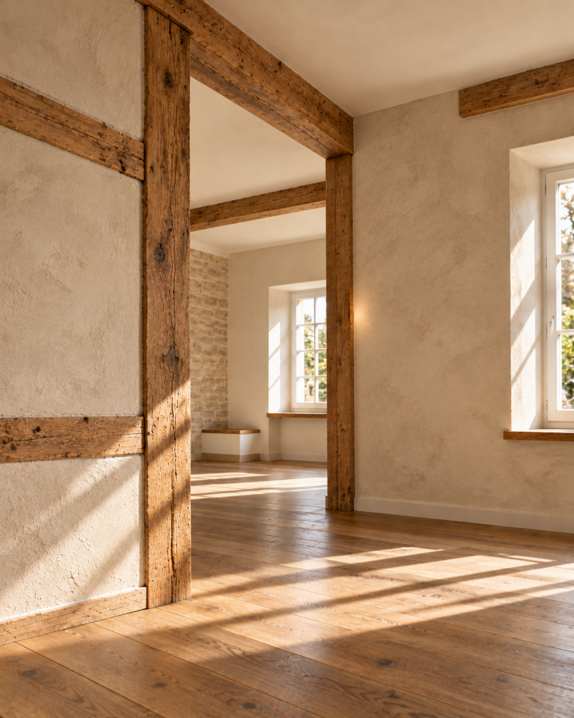 Renovierter Innenraum mit sichtbarem Fachwerk, natürlich verputzten Wänden und Holzdielenboden