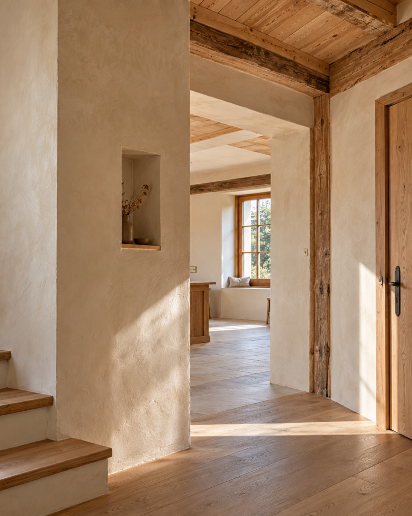 Natürlich gestalteter Innenraum mit verputzten Wänden, sichtbaren Holzbalken und Holzboden