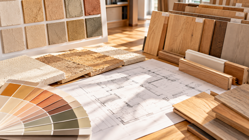 Putzmuster, Farbkarten, Holzbodenproben und Fußleisten auf einem Bauplan zur Beratung für ökologisches Bauen.